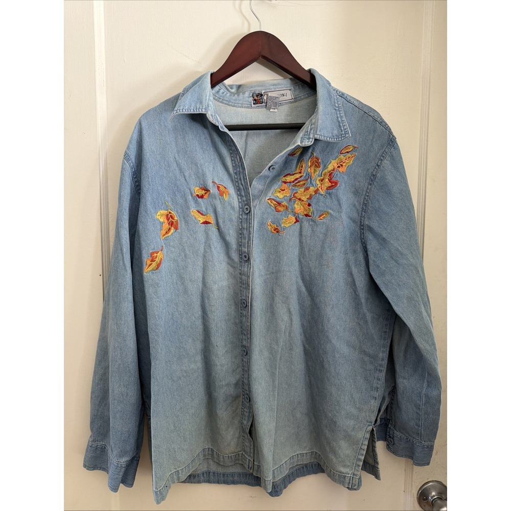 Denim Shirt Passion-1 Women's Fall Leaves Embroidered button down shirt XL